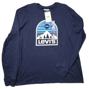 Levi's T-Shirt 2X  XXL Navy Blue LONG SLEEVE Mountains Trees Outdoor Design